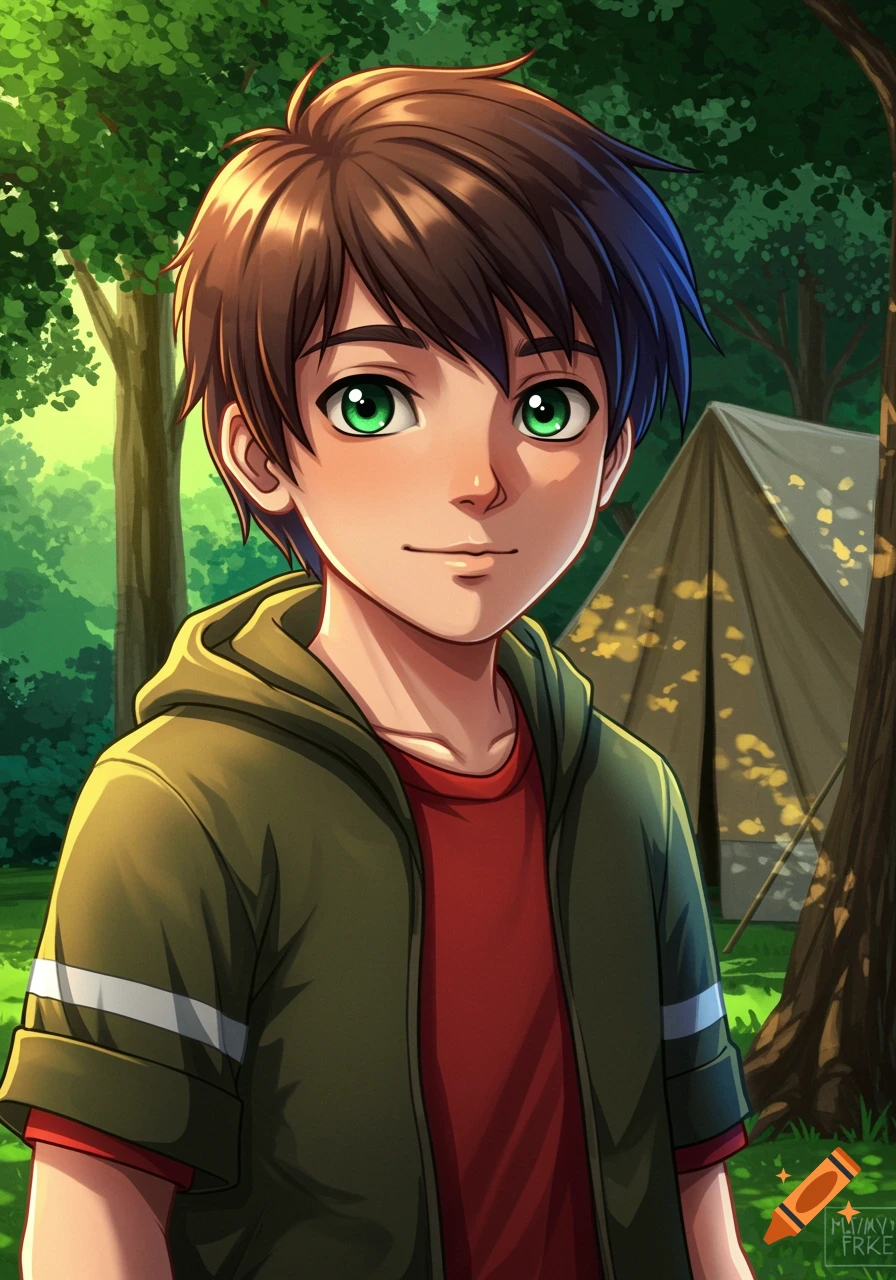 A detailed anime drawing of a young boy with brown hair and green eyes, wearing a green hoodie over a red shirt, smiling in a nature camp with a tent in the background.