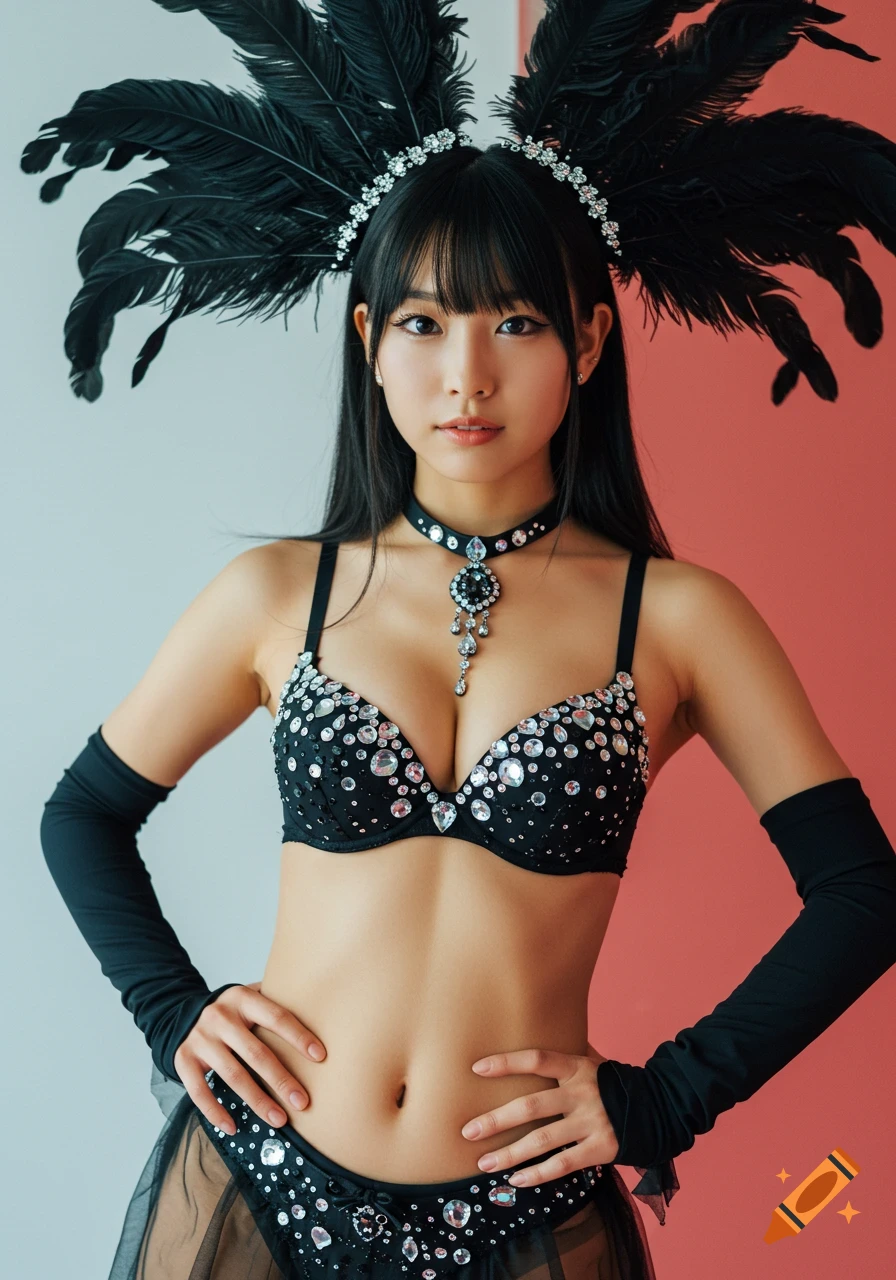 A young Japanese woman in a black feathered headpiece, bejeweled bra, sheer skirt, and long black gloves, standing with hands on hips.
