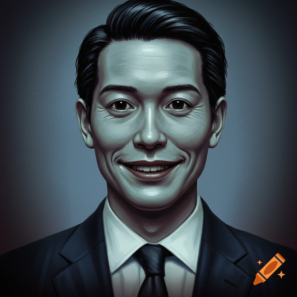 A creepy, soft-looking Japanese man in a suit with an uncanny valley appearance smiles unsettlingly.