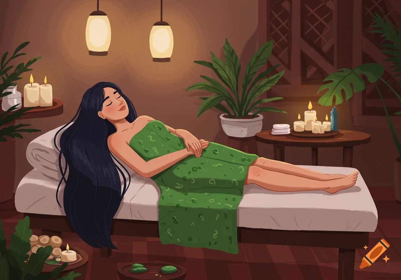 A cartoon woman with long dark hair relaxes on a spa bed wrapped in green, surrounded by candles and plants.