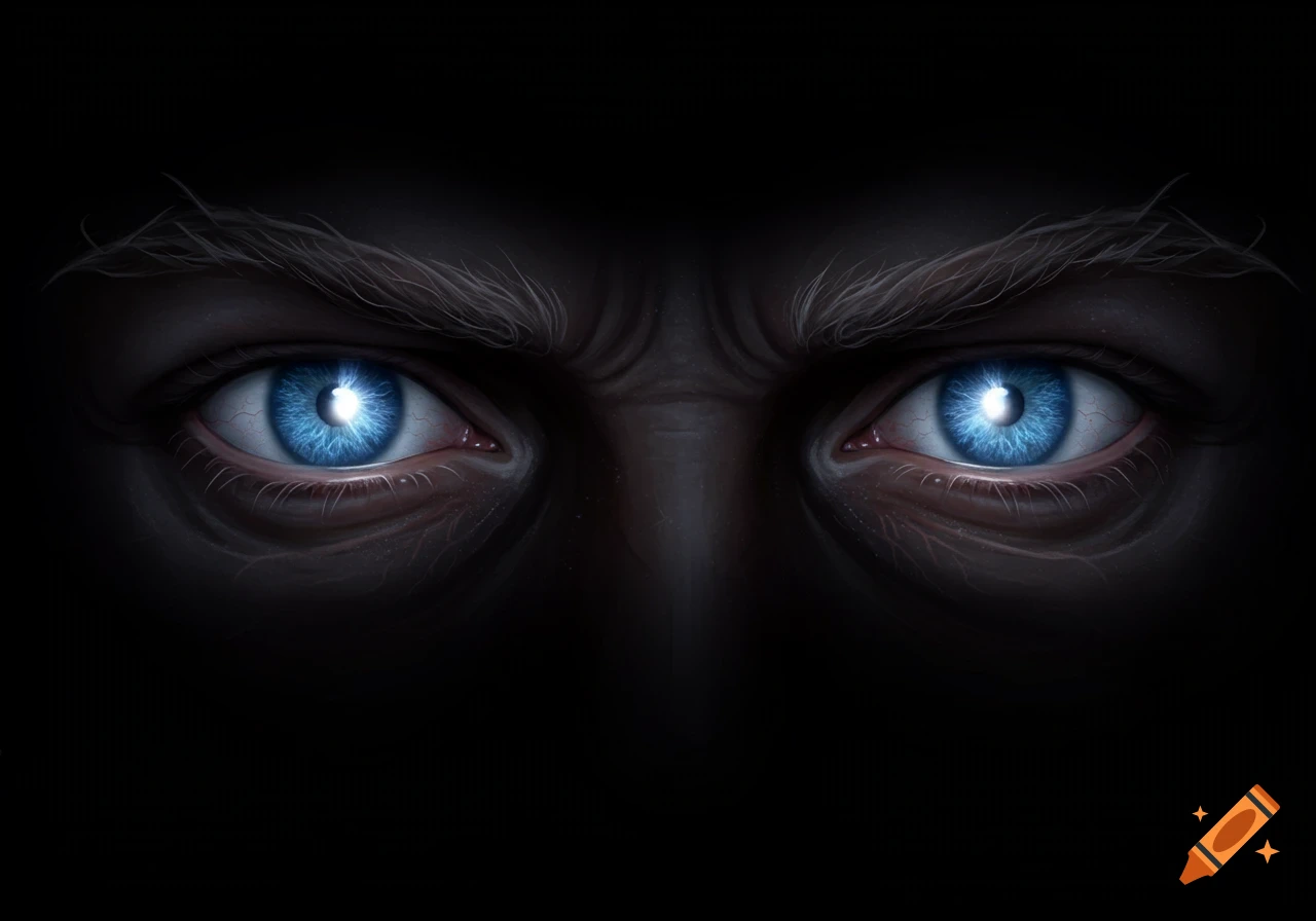 Close-up of menacing blue glowing eyes with furrowed brows emerging from darkness.