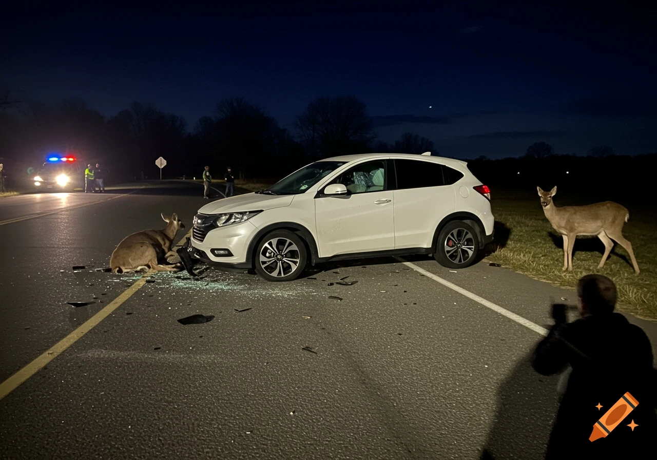 Photorealistic scene of a white SUV with front-end damage and a deer lying on a rural road at night, with another deer nearby and police lights in the distance.