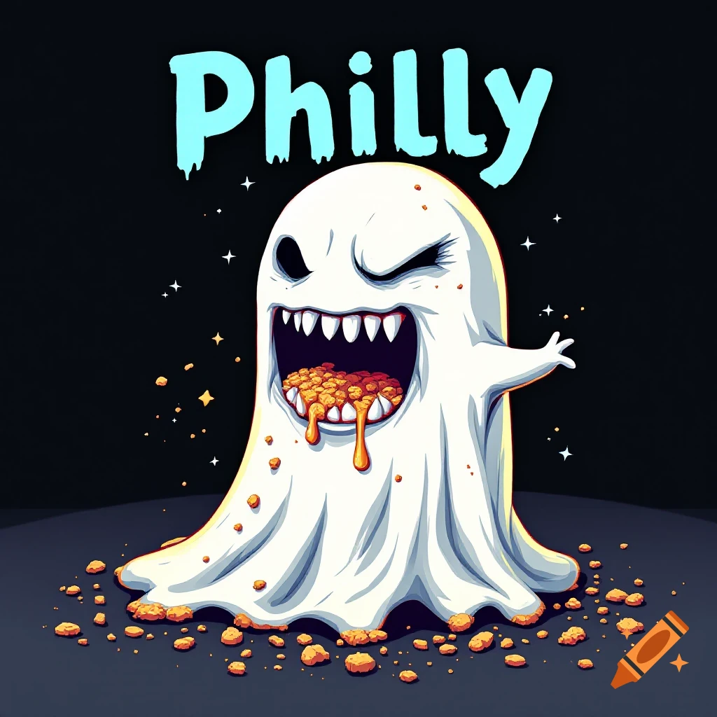 A cartoon evil ghost with sharp teeth and crumbs spilling from its mouth and on the ground, against a dark background with stars. The word Philly is above.
