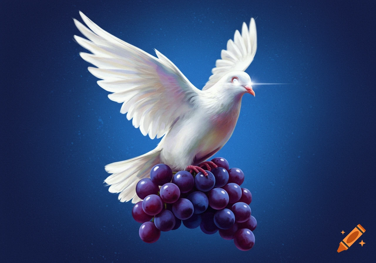 A white dove with glowing eyes and outstretched wings perches atop a cluster of purple grapes against a deep blue background.