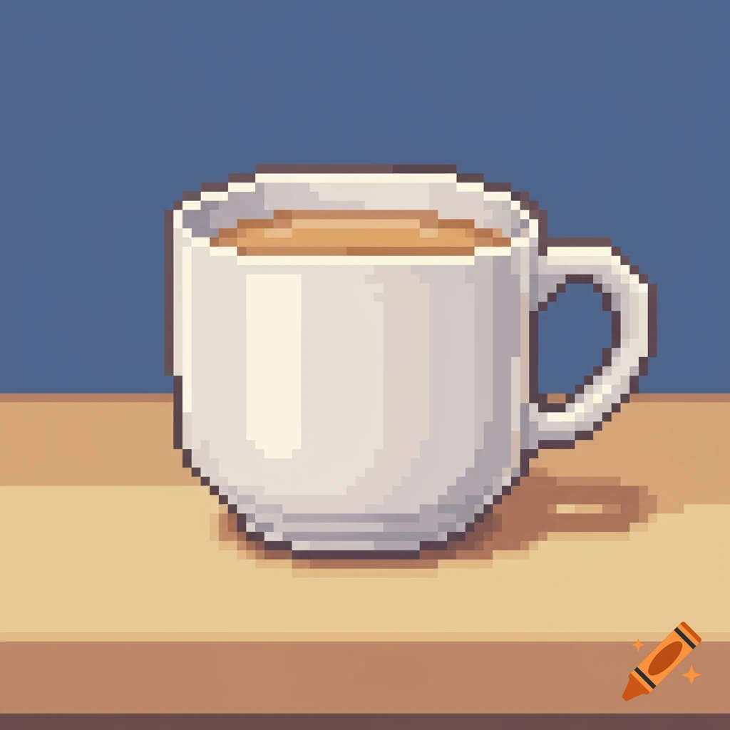 A white pixel art mug filled with tea sits on a wooden surface against a blue background.