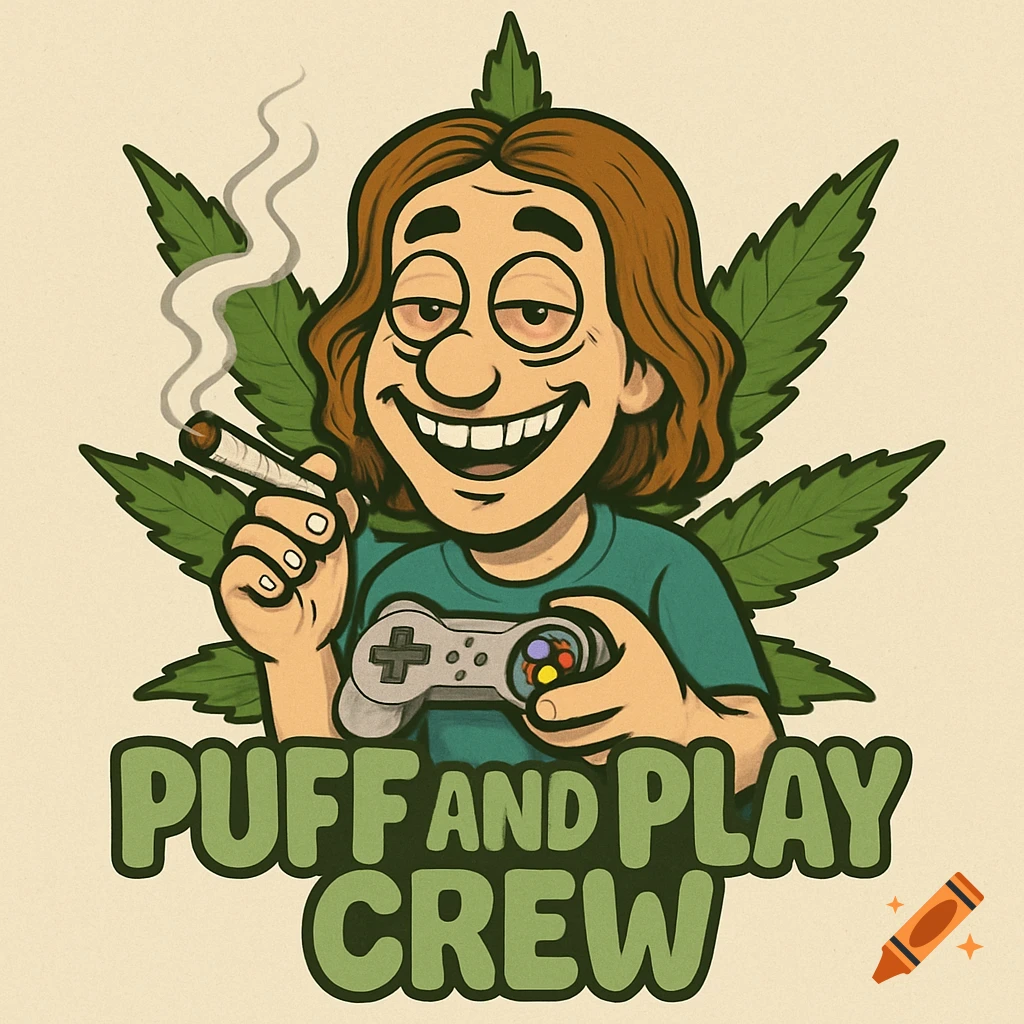 Cartoon character smoking a joint and holding a game controller, with marijuana leaves and 'Puff and Play Crew' text.