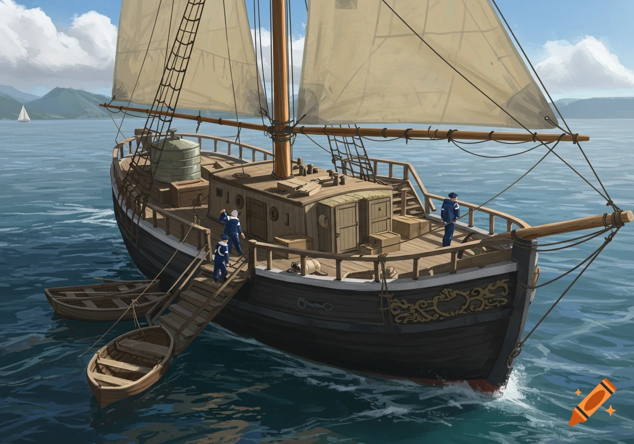 An illustration of a large wooden sailing boat on the sea with sailors on deck and two rowboats alongside. Distant land and clouds are visible.