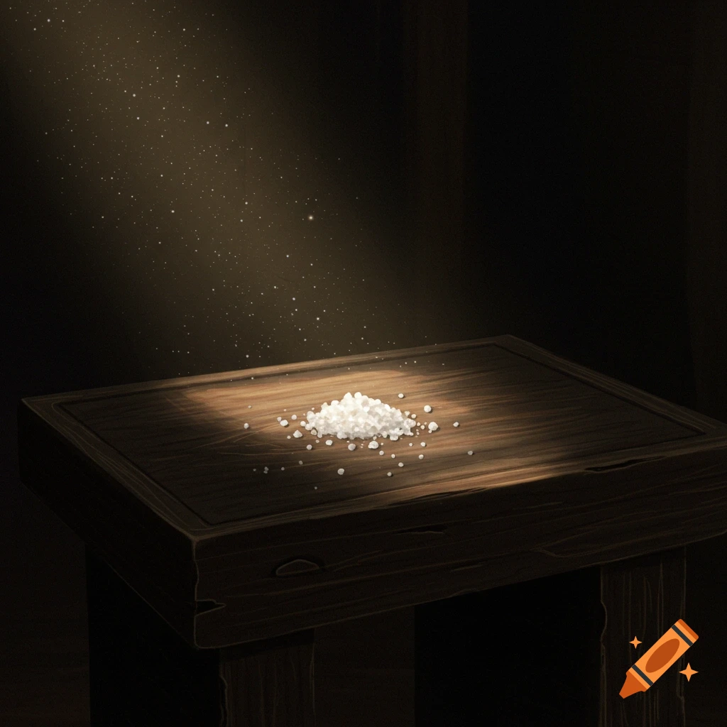 A small pile of white salt granules on a dark wooden table, illuminated by a spotlight from above with dusty light rays.