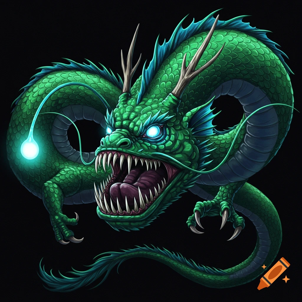 A vibrant green Eastern dragon with glowing blue eyes and an anglerfish lure, teeth bared, on a black background.
