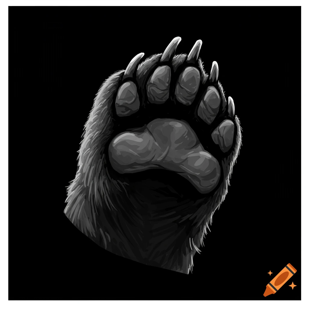 A detailed black and white graphic of a grizzly bear's paw with claws, viewed from below, tilted upwards.