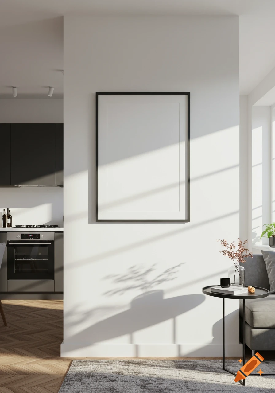 Photorealistic modern apartment interior with a blank vertical picture frame on a white wall, sunlit kitchen, and living area.