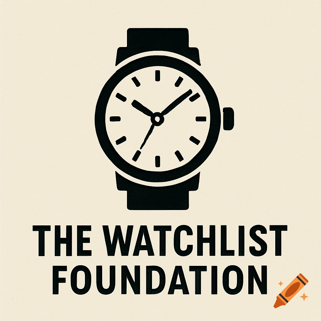 A black minimalist logo featuring a wristwatch icon above the text 'THE WATCHLIST FOUNDATION' on a light background.
