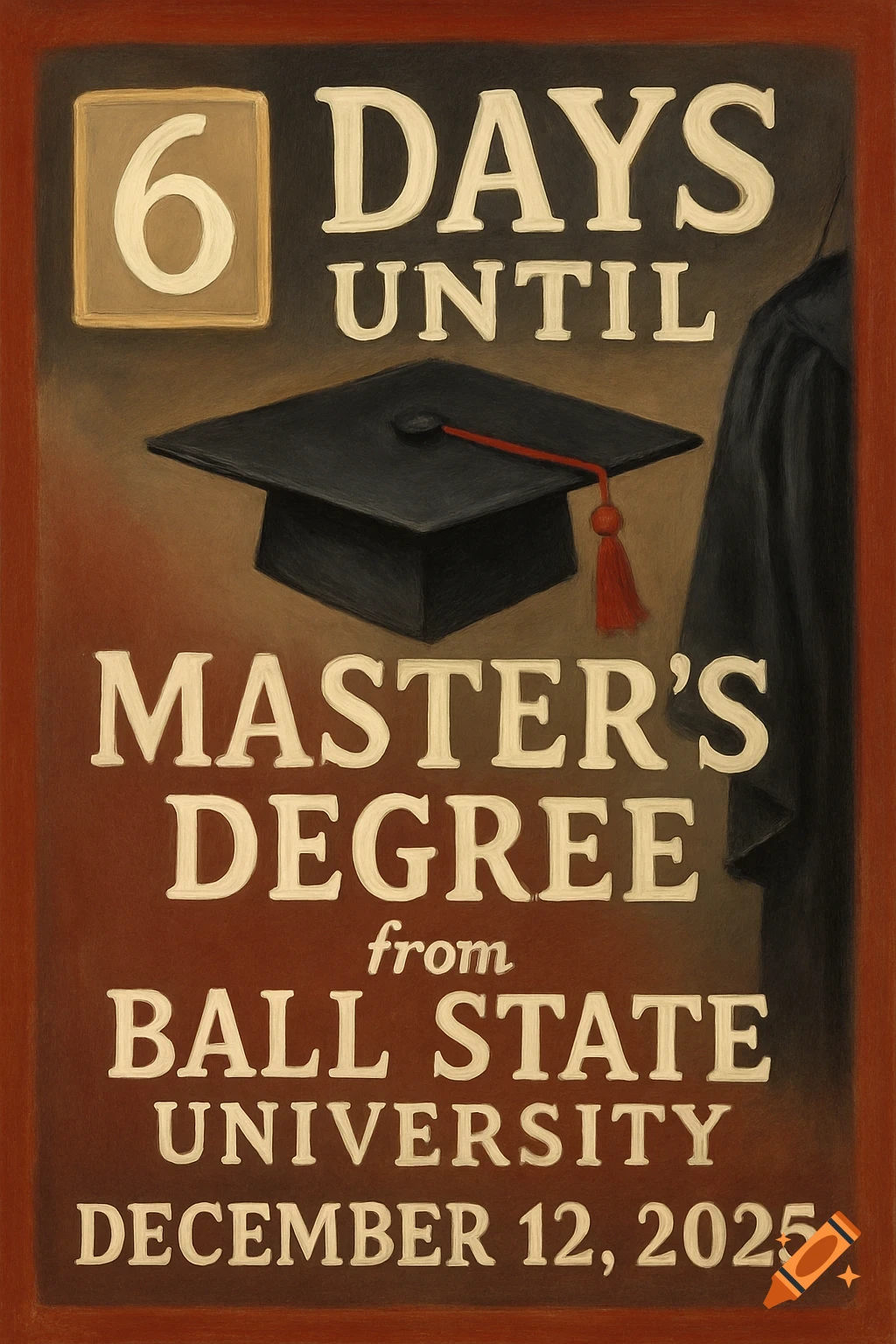 A rustic-style poster announcing "6 DAYS UNTIL MASTER'S DEGREE from BALL STATE UNIVERSITY DECEMBER 12, 2025" with a graduation cap.