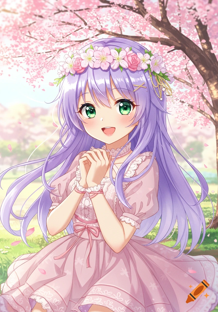 A cute anime girl with long lavender hair and green eyes, wearing a pink dress and flower crown, smiles under a cherry blossom tree.