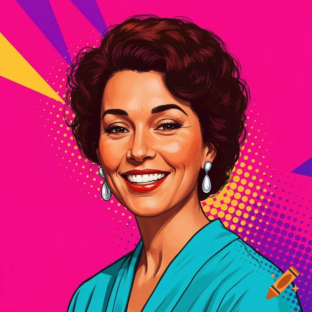 Pop art portrait of a smiling woman with dark hair and pearl earrings on a vibrant pink background.