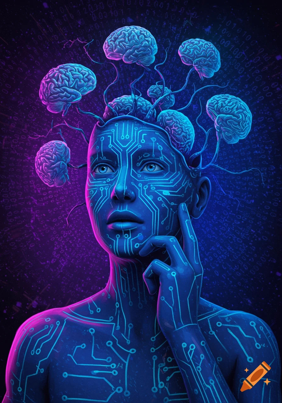 Futuristic digital art of an AI figure with circuit patterns, brains emerging from its head, against a binary code background.