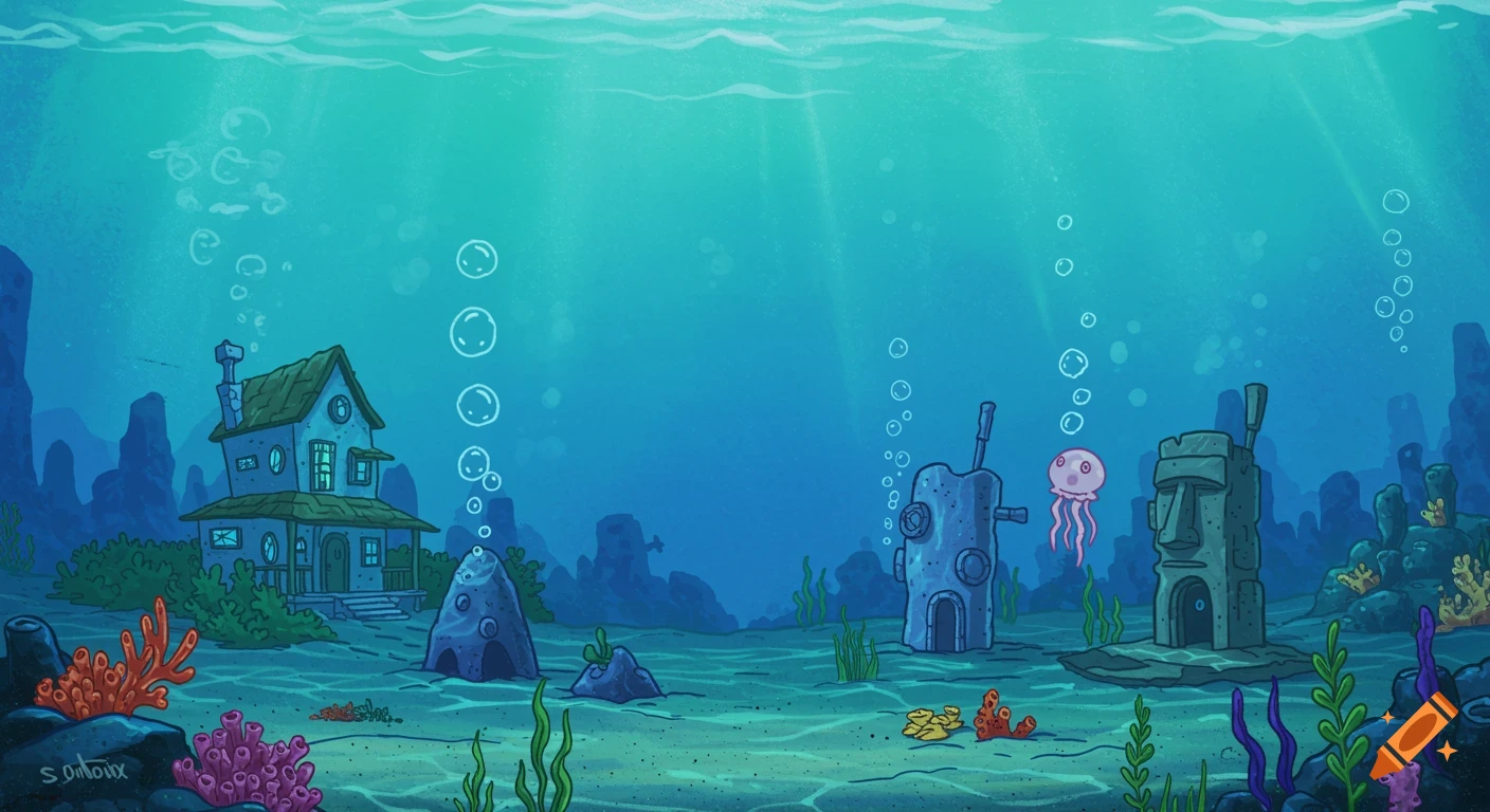 A vibrant cartoon underwater background featuring various houses, coral, seaweed, and a pink jellyfish, reminiscent of SpongeBob SquarePants.