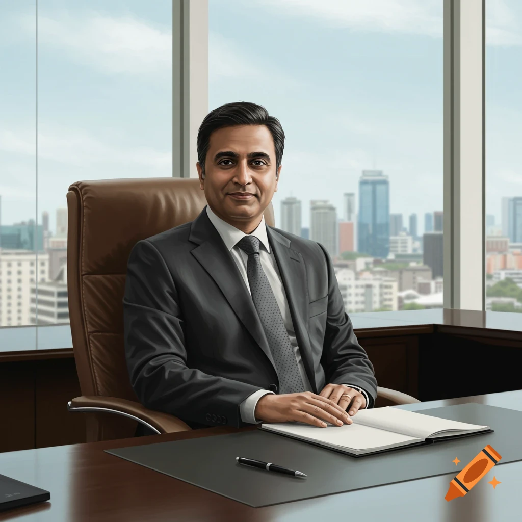 Photorealistic portrait of an Indian man in a suit sitting at an office desk with a cityscape view.