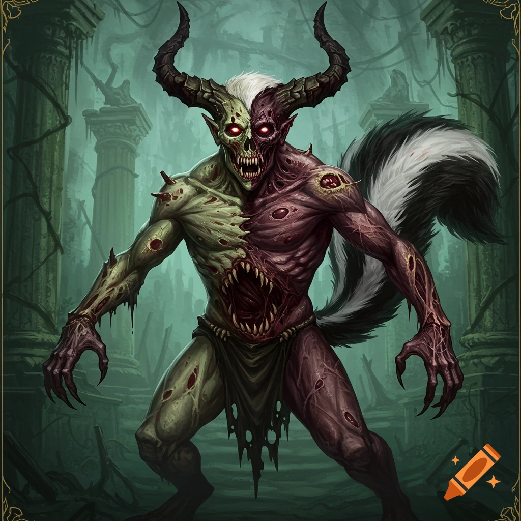 A grotesque demon with half-decayed green skin and half-raw red skin, horns, glowing red eyes, sharp teeth, an abdominal maw, and a large skunk tail stands in ruined columns.