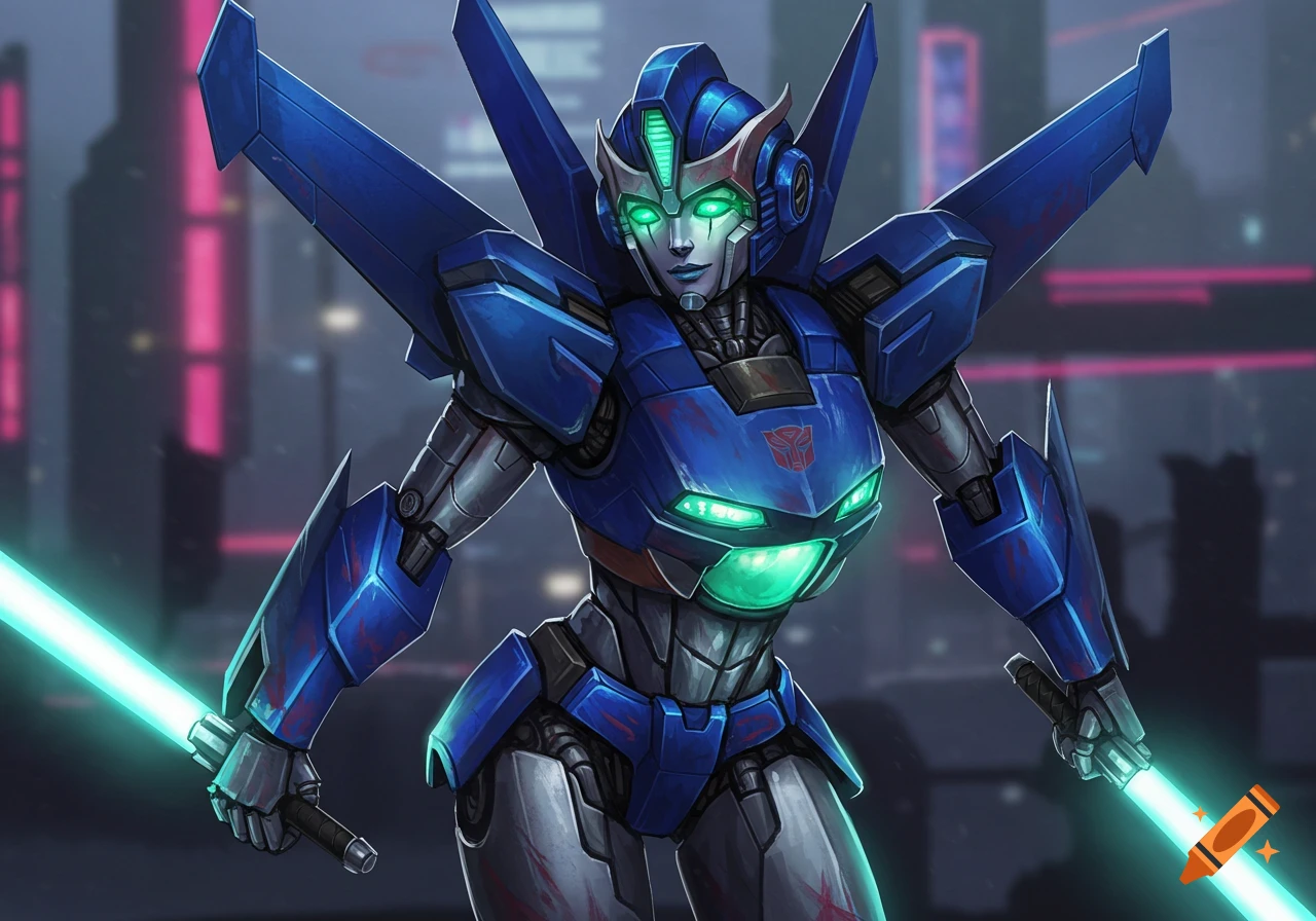A blue and silver female Transformer robot with glowing green eyes and chest holds two teal lightsabers in a futuristic city.