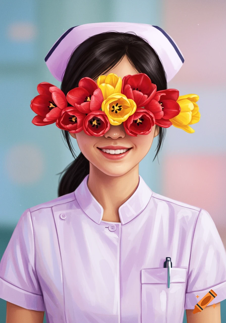 Illustration of a smiling nurse in a white uniform and cap, with red and yellow tulips covering her eyes.