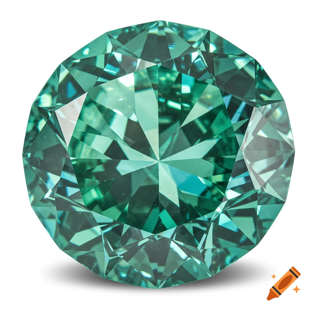Close-up, top-down view of a brilliant cut, round teal or emerald green diamond gemstone on a white background.