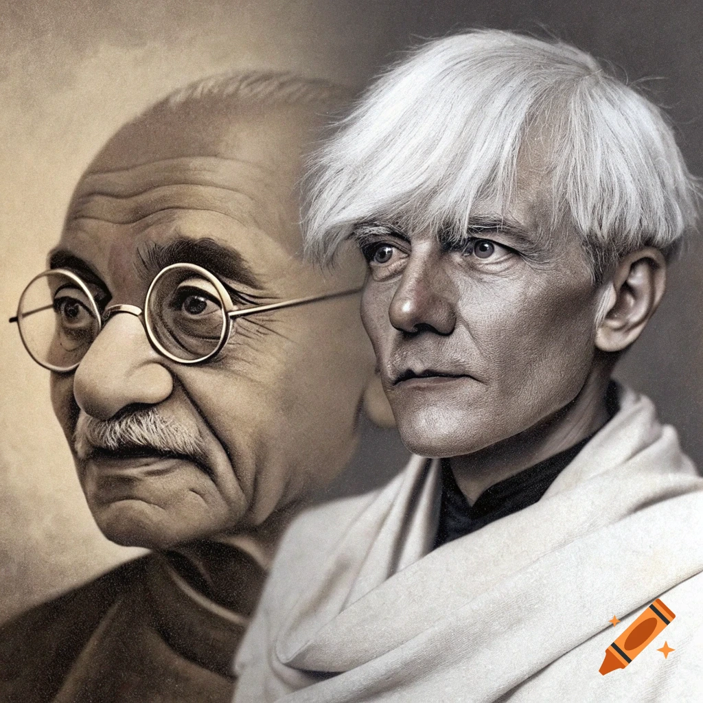 Composite portrait of a sepia-toned Mahatma Gandhi behind Andy Warhol with white hair.