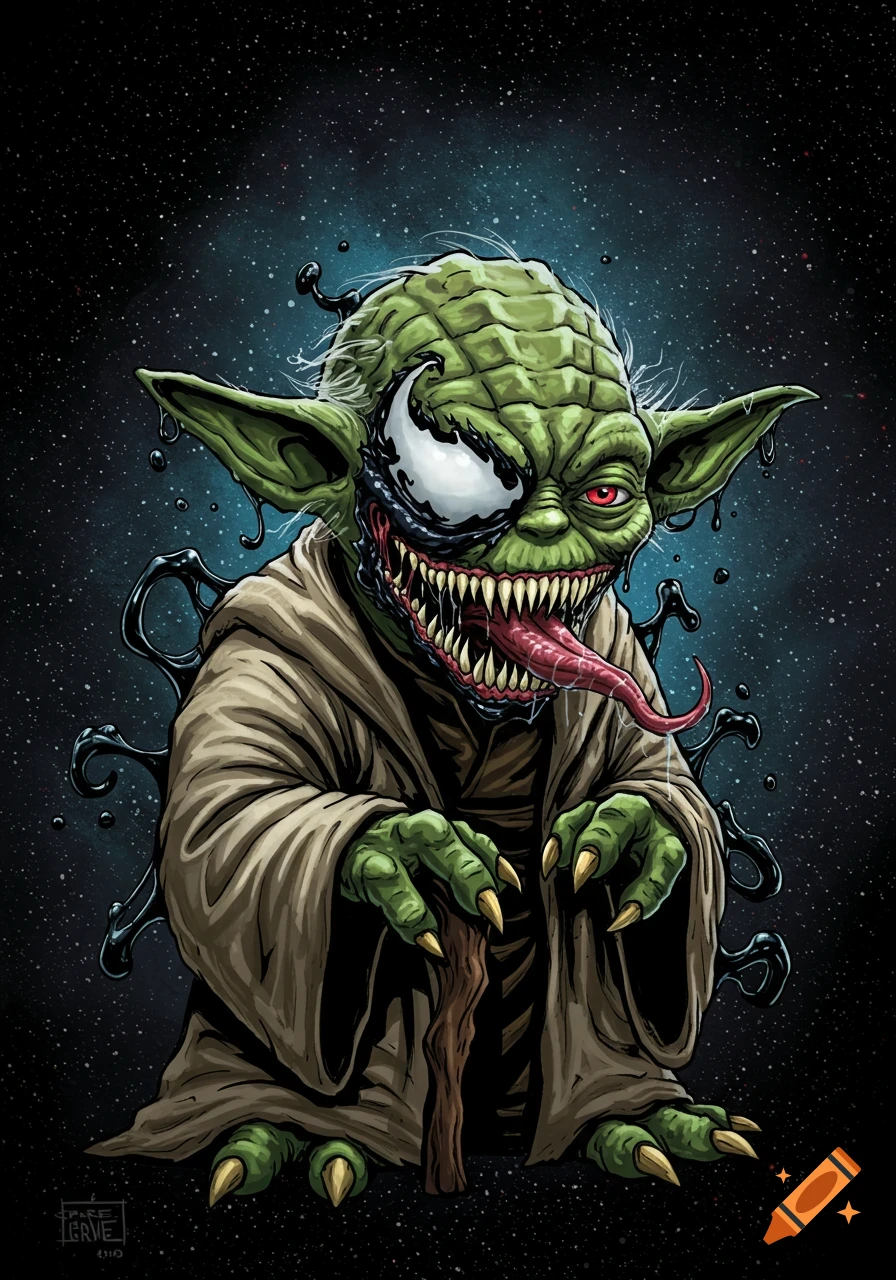 Comic book style illustration of a Venomized Yoda with green skin, sharp teeth, long tongue, and red eyes, wearing a brown robe, against a starry background.