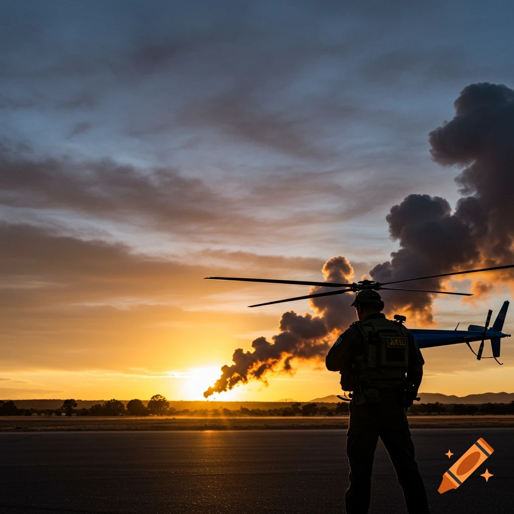 A silhouetted figure stands on an airfield next to a helicopter, gazing at a fiery sunset with smoke rising in the distance.