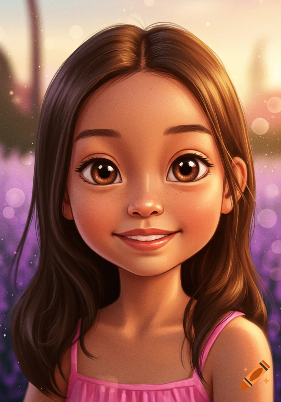 A smiling cartoon girl with brown hair and big brown eyes, in a pink top, against a soft purple and orange background with bokeh.