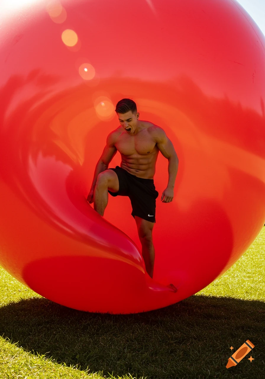 A muscular man inside a giant red balloon, raising one leg as if stomping it, on a grassy field.