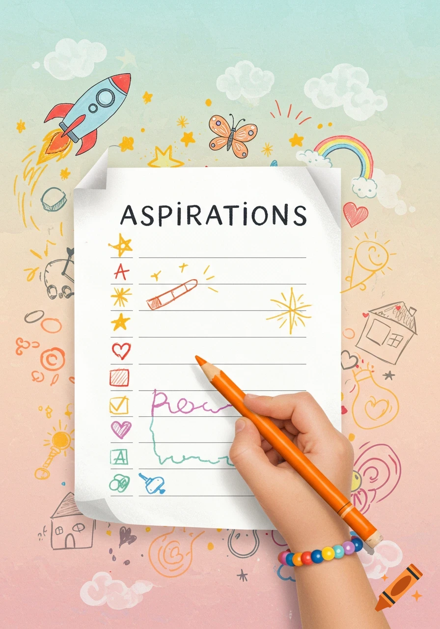 A child's hand holds an orange pencil, writing on a paper titled 'ASPIRATIONS' on a colorful background with whimsical doodles like a rocket, butterfly, and rainbow.