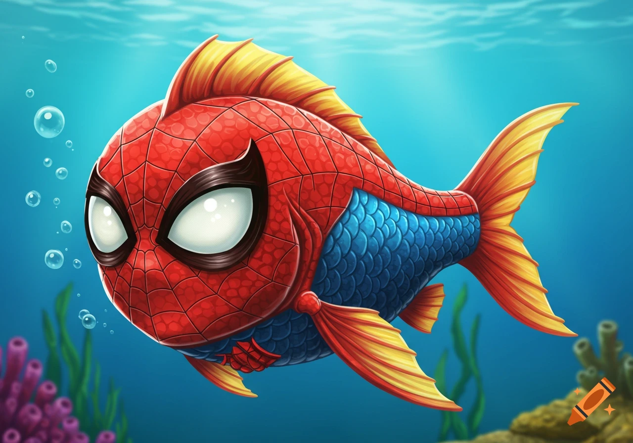 A vibrant cartoon fish, colored red and blue with a yellow fin, designed like Spider-Man, swims underwater amidst bubbles and coral.