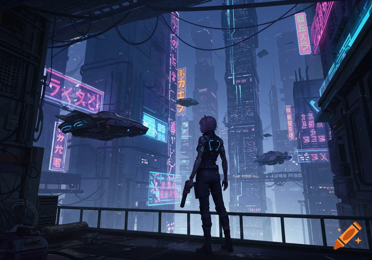 A solitary figure with a gun stands on a balcony overlooking a futuristic cyberpunk city with neon signs and flying vehicles at dusk in a digital art style.