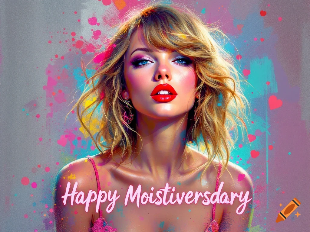 A vibrant pop art portrait of Taylor Swift with blonde hair and bright makeup, against a colorful paint-splatter background. Text says 'Happy Moistiversary'.