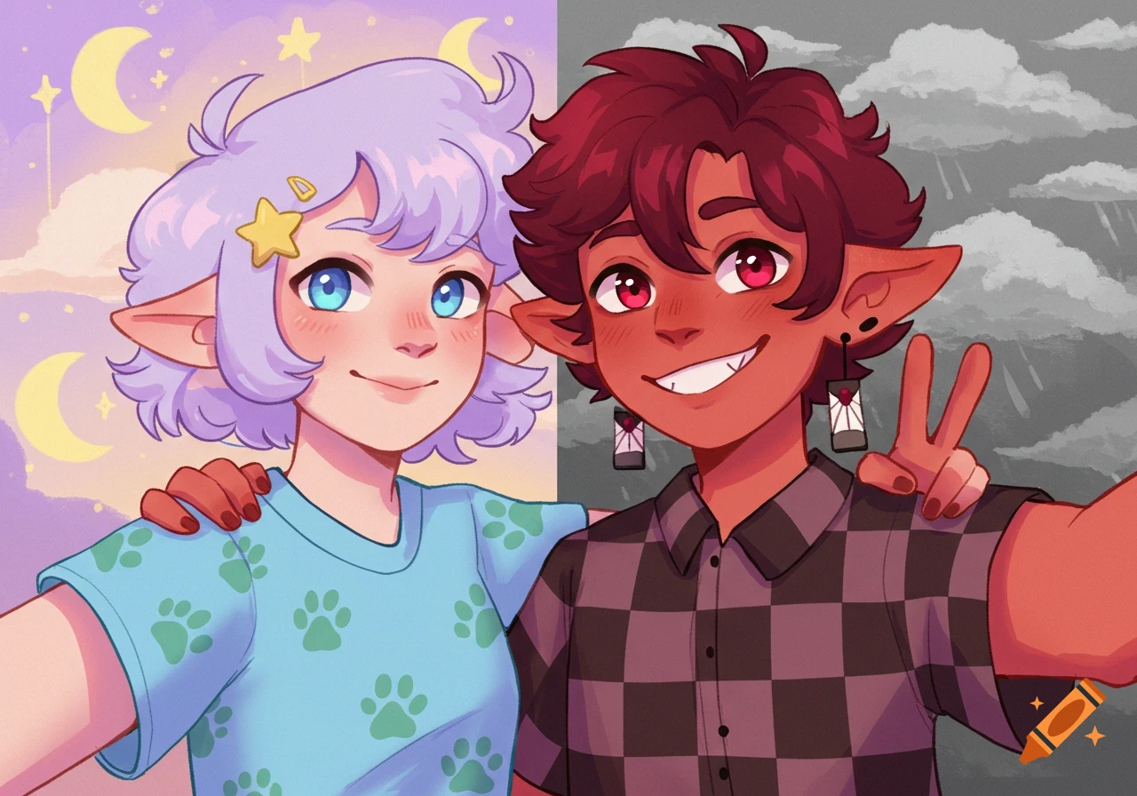 Two smiling cartoon elf-like characters pose for a selfie; one with light purple hair, blue eyes, and a paw print shirt, the other with dark red hair, red eyes, and a checkered shirt. The background is split between a night sky and storm clouds.