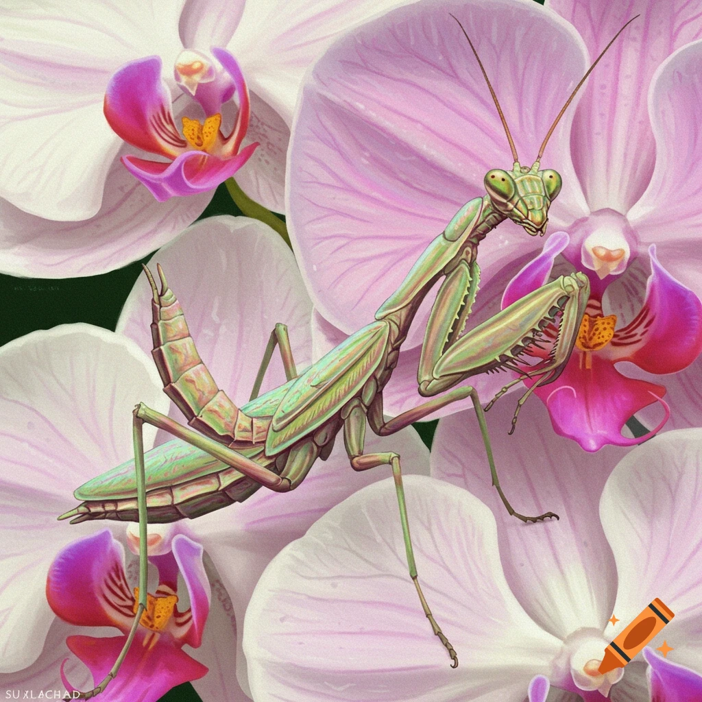 A detailed painting of a green and iridescent orchid mantis perched on several pink and white orchids.