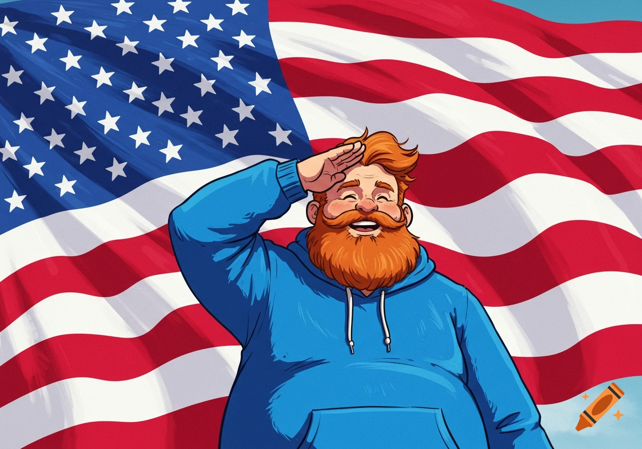 A cartoon man with a red beard and blue hoodie salutes an American flag.