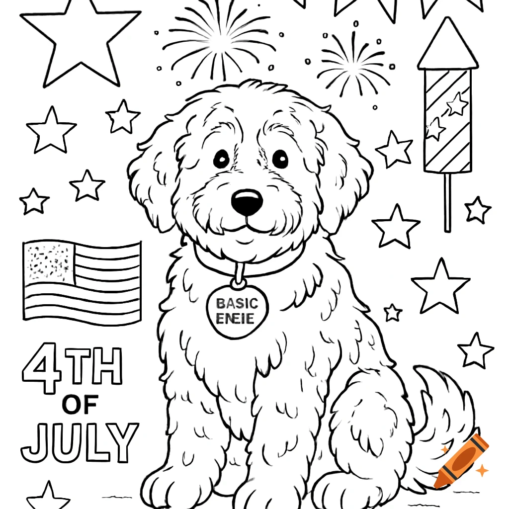Black and white line art coloring page of a fluffy dog wearing a collar, surrounded by stars, fireworks, a flag, and the text "4TH OF JULY" for Independence Day.