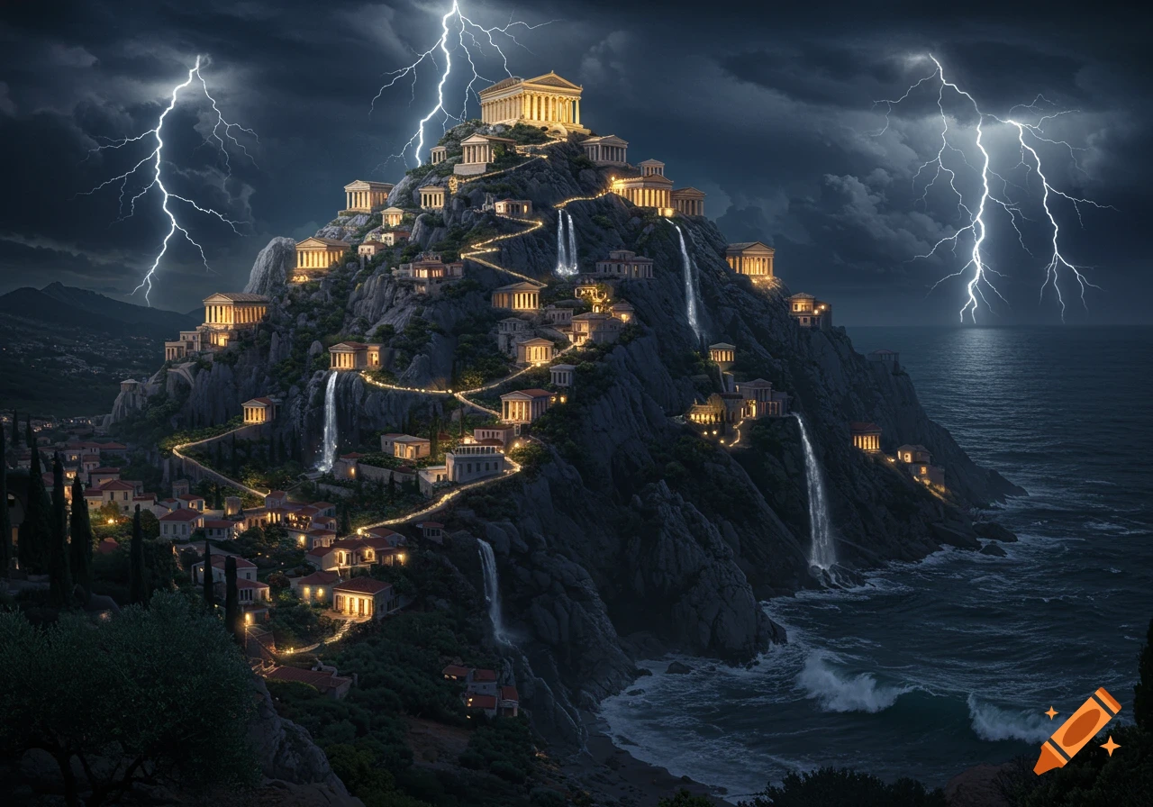 A hyper-realistic digital painting of Mount Olympus at night, adorned with glowing Greek temples and waterfalls, illuminated by lightning over a dark ocean.