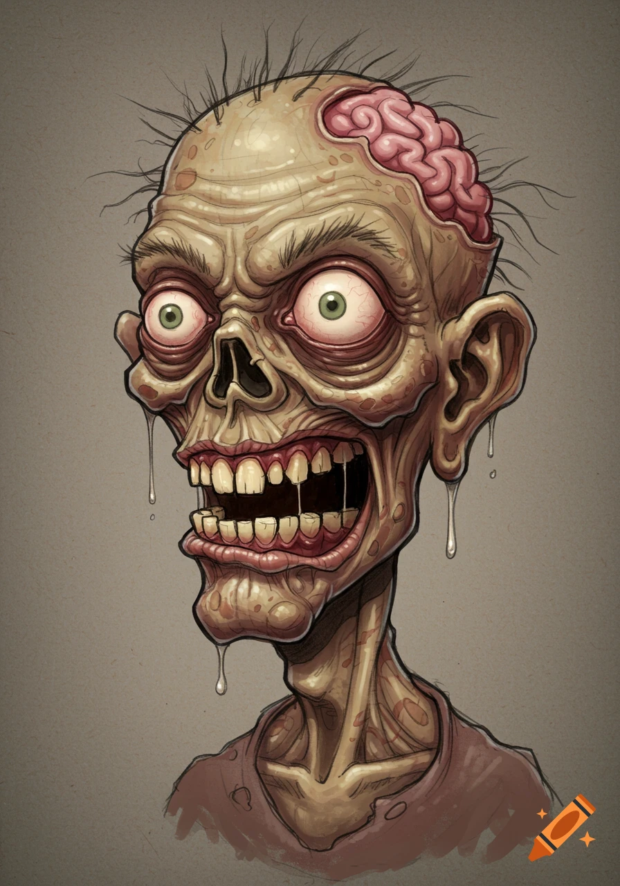 A cartoonish zombie head with exposed pink brain, bulging green eyes, sagging skin, and dripping saliva, in a gritty illustration style.