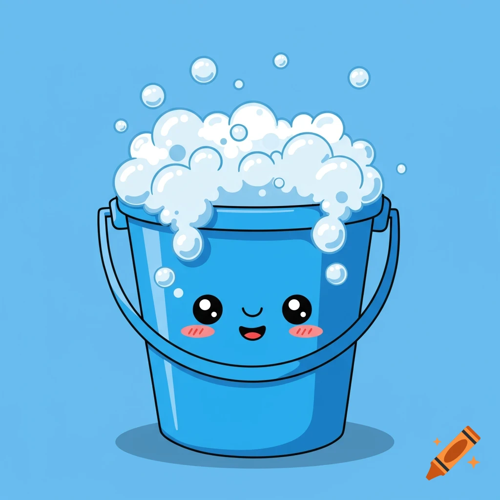A cute cartoon blue bucket overflowing with white suds and bubbles, set against a light blue background.