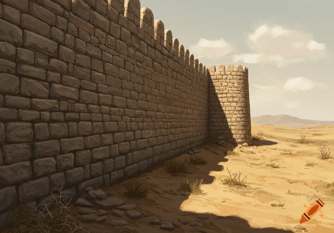 A long, imposing stone fortress wall and round tower under a hazy sky ...