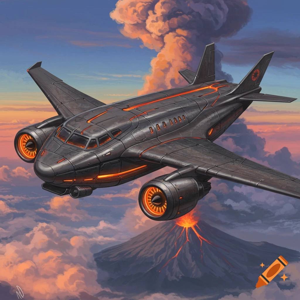 A dark gray futuristic airplane with glowing orange details flies above an erupting volcano under a sunset sky.