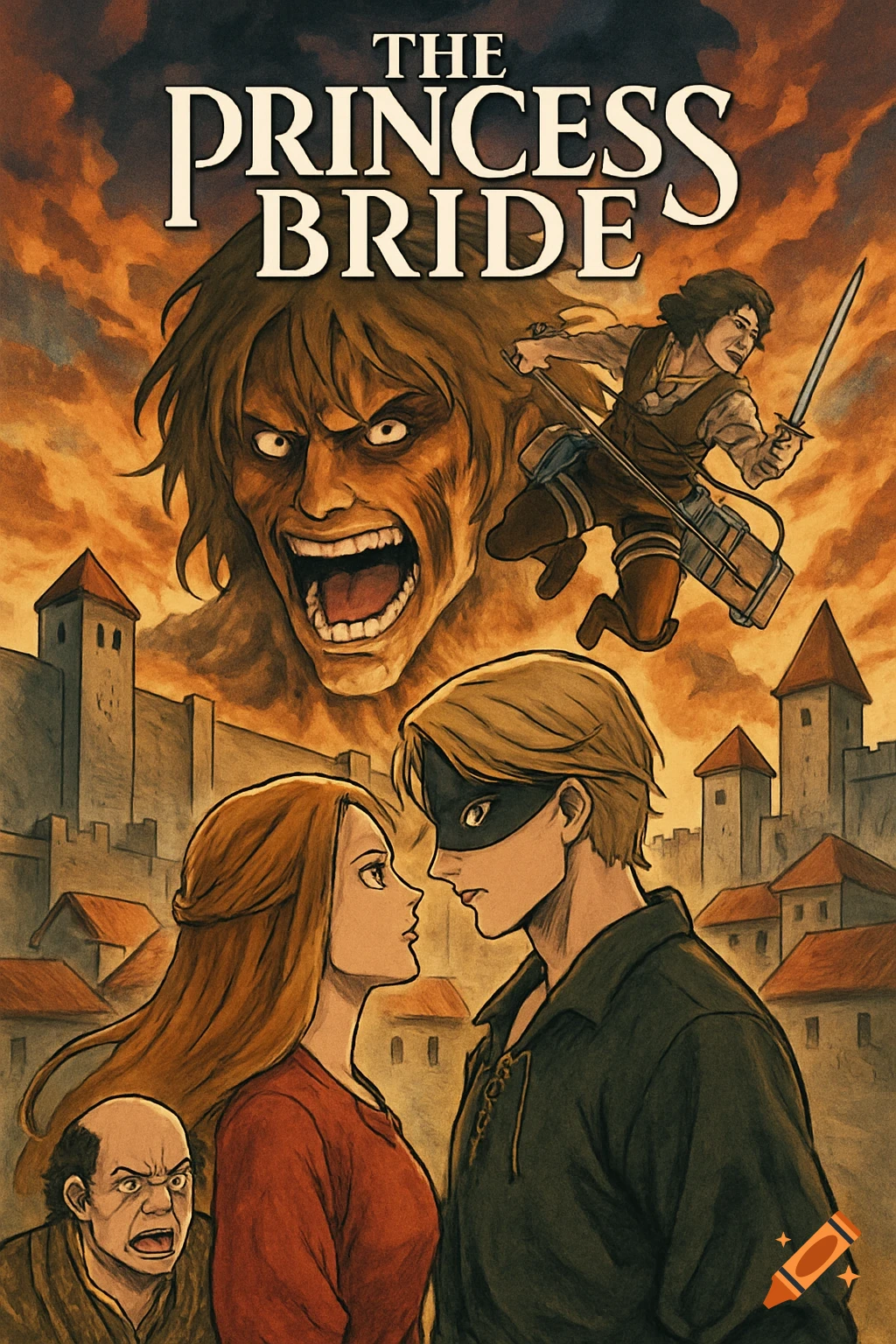 An anime-style movie poster for 'The Princess Bride,' featuring a giant, a sword-wielding character, a romantic couple, and castle elements.