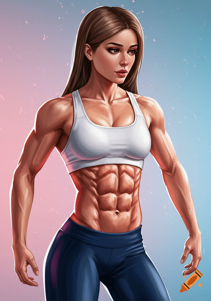 Stylized illustration of a highly muscular woman in a white sports bra and blue leggings, standing against a pink and blue background.