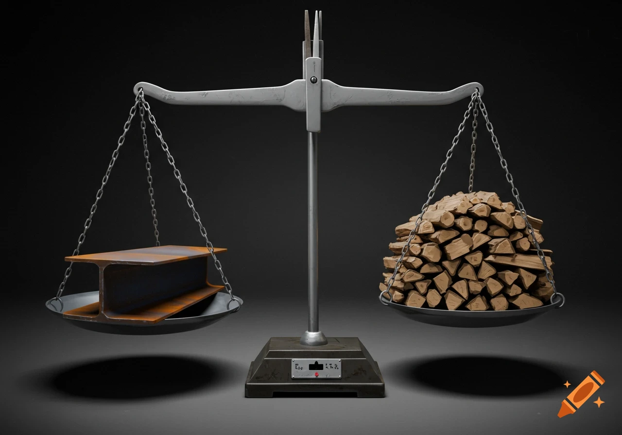 A photorealistic image of an old-fashioned weighing scale balancing a rusty steel I-beam on one side and a large pile of firewood on the other.