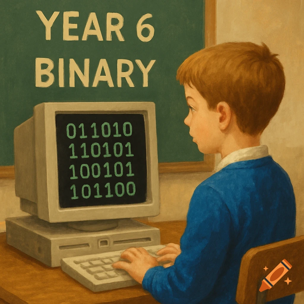 A painting of a boy at a vintage computer with binary code on screen and 'YEAR 6 BINARY' on a chalkboard.