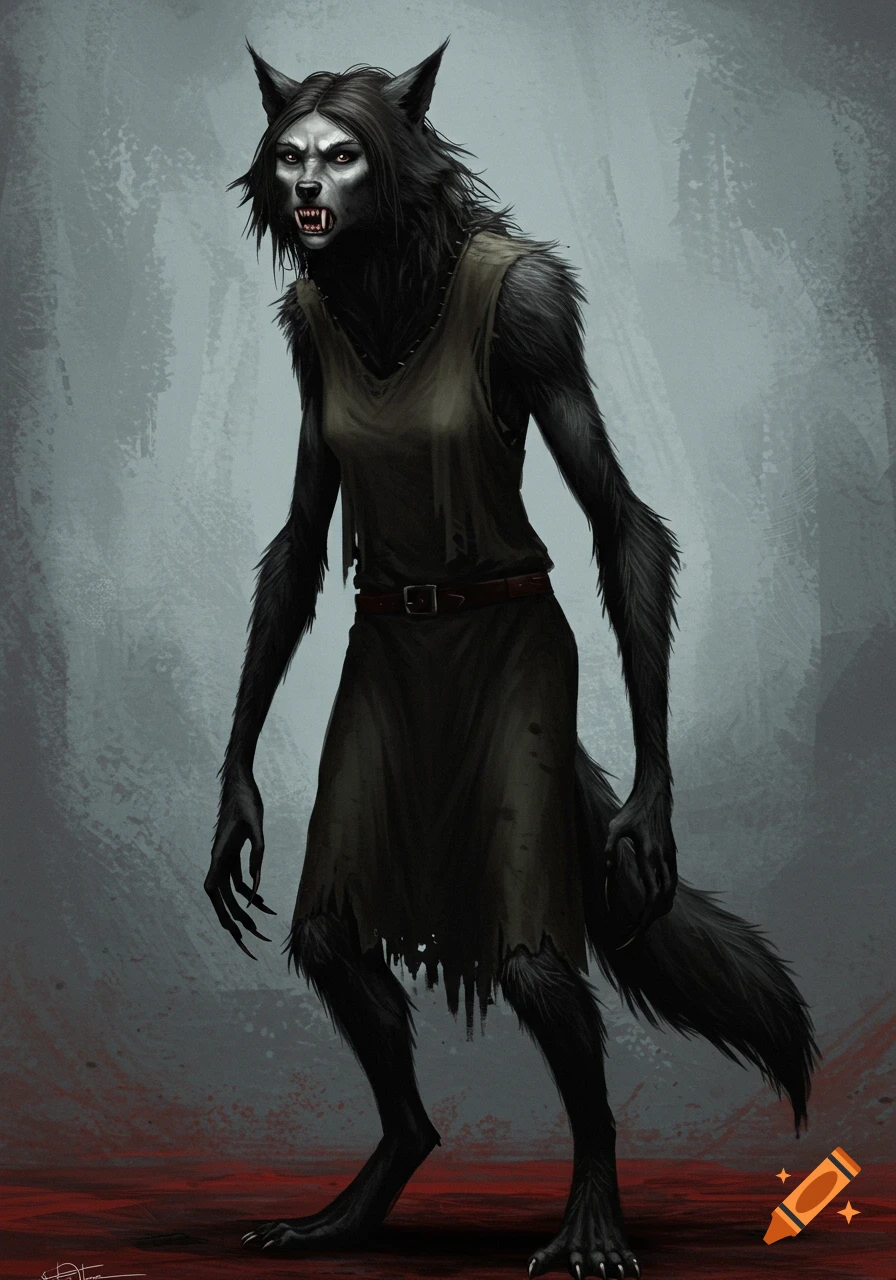 A tall, lanky female werewolf with dark fur and sharp fangs stands in a tattered dress on a blood-stained ground, in a digital painting style.