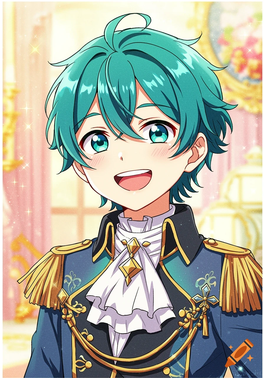 Anime boy with teal hair and blue eyes, smiling while wearing a blue and gold noble's uniform.